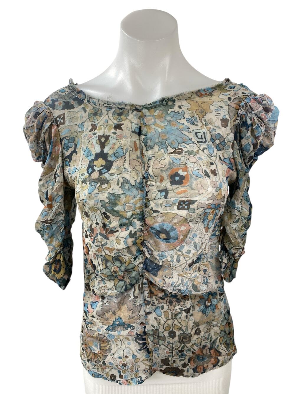 Isabel Marant 100% Silk Multicolor Floral Ruched Puff Sleeve Slim Blouse Top 1